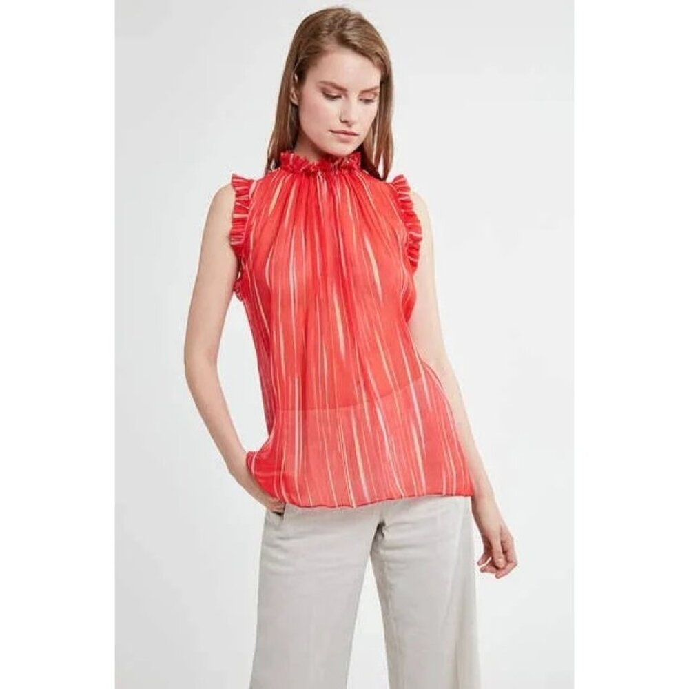 Elie Tahari Luxury Designer Sheer Ruffle Trim High Neck  Sleeveless Silk Blouse